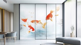 中式客厅的锦鲤艺术移门