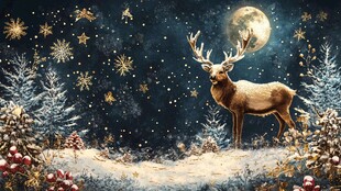 月夜驯鹿的梦幻圣诞雪景