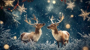圣诞夜双鹿于梦幻雪景中