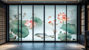 中式荷花锦鲤屏风装饰画