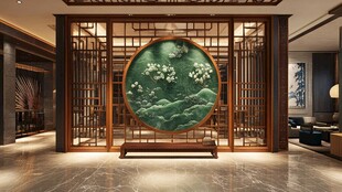 中式客厅中的精美玉石屏风