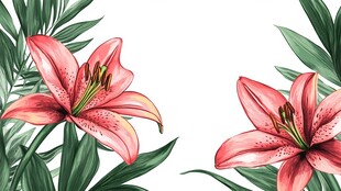 粉色百合花与绿叶插画