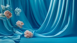 蓝绸上的柔美粉色玫瑰花