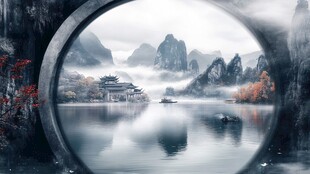 圆形窗景中的山水诗意画