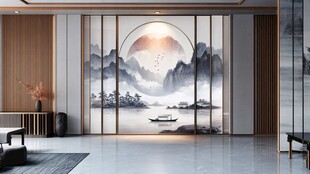 中式客厅山水屏风意境美