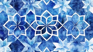 蓝白水彩风几何花卉图案