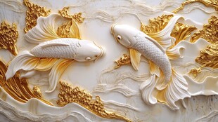 双鲤浮雕 灵动金白艺术之美