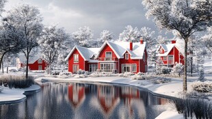 冬日红屋湖畔雪景图