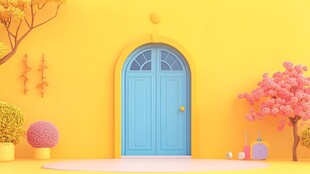 梦幻黄墙蓝门春日景致