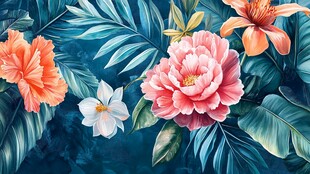 梦幻花卉与繁茂绿叶图景