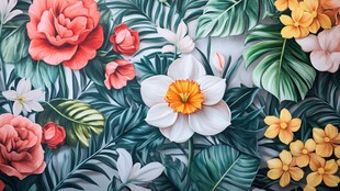 热带花卉绿叶精美图案