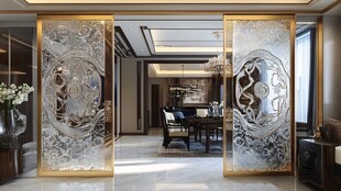 中式奢华客厅玻璃雕花隔断