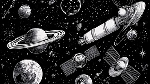 黑白手绘 宇宙中的航天器与星球