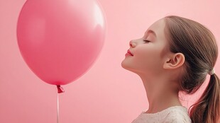 女孩闭眼嗅闻粉色气球