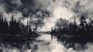 水墨风山林湖泊静谧景象