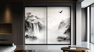 中式水墨山水移门装饰画