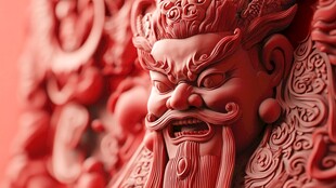 红色怒目神像雕刻细节