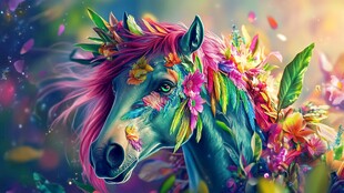 梦幻彩马绽放缤纷花卉