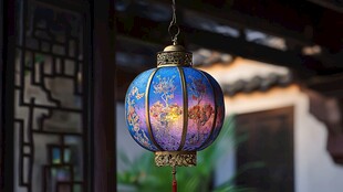 中式古典彩纹灯笼悬于檐下