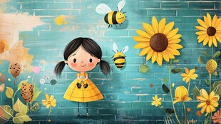 女孩与蜜蜂共赏花丛美景