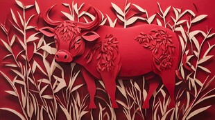 红色剪纸风牛置身草丛中