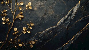 黑金大理石上的金色枝叶