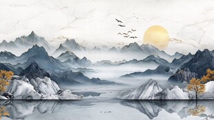 水墨山水间 日暮飞鸟归