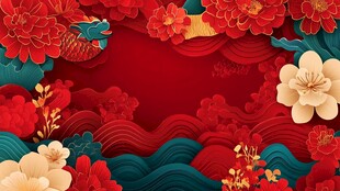 中式喜庆花卉海浪背景图