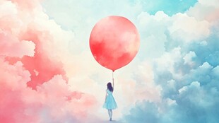 女孩牵红气球漫步云端