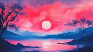 梦幻粉色夕阳山水美景