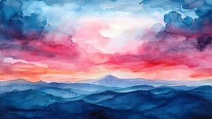 梦幻水彩绘就壮丽山峦晚霞