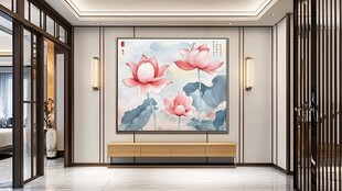 中式玄关 雅致荷花壁画装饰
