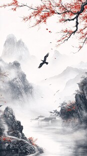 水墨山水间飞鸟伴红枫