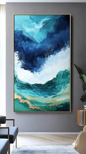 现代客厅中的抽象海洋挂画