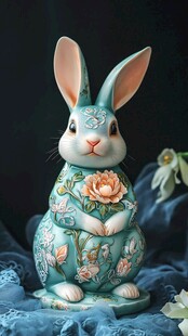 蓝绿花纹陶瓷萌兔摆件