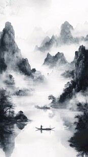 水墨山水间的孤舟诗意