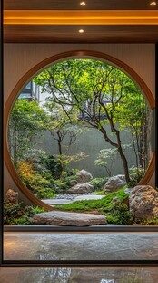 中式圆窗内的雅致园林景