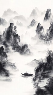 水墨山水间孤舟悠然