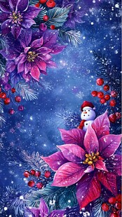 圣诞花卉雪景与可爱雪人