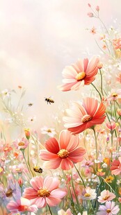 花海中的蜜蜂与缤纷花朵