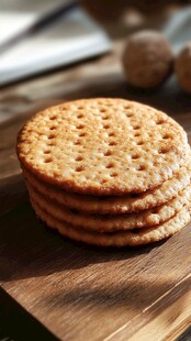 美味圆饼干堆叠在木砧板上