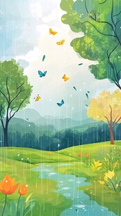 雨中绿野蝴蝶飞舞的美景