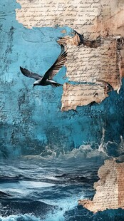 飞鸟跃海与古旧纸张画面