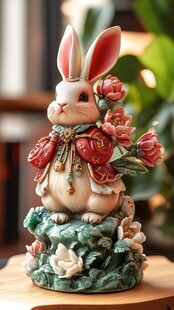 中式彩瓷萌兔摆件赏