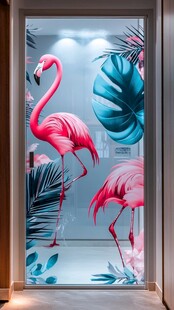 火烈鸟与绿植装饰玻璃门