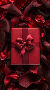 红礼盒置于玫瑰花瓣之中