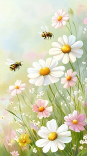 蜜蜂飞舞在雏菊盛开的草地