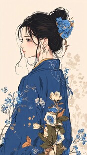 蓝裳簪花的古风温婉女子