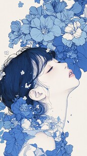 蓝花簇拥下的唯美少女