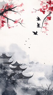 水墨江南 梅香飞鸟绕古建
